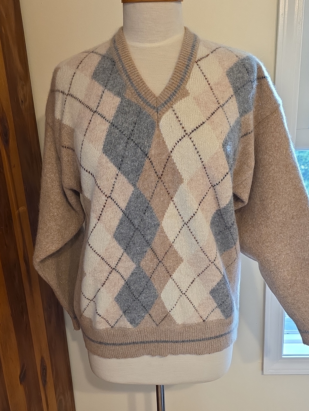 Angora Blend Vintage V-Neck Argyle Sweater in Beige, Gray & Cream...Soft &Cuddly